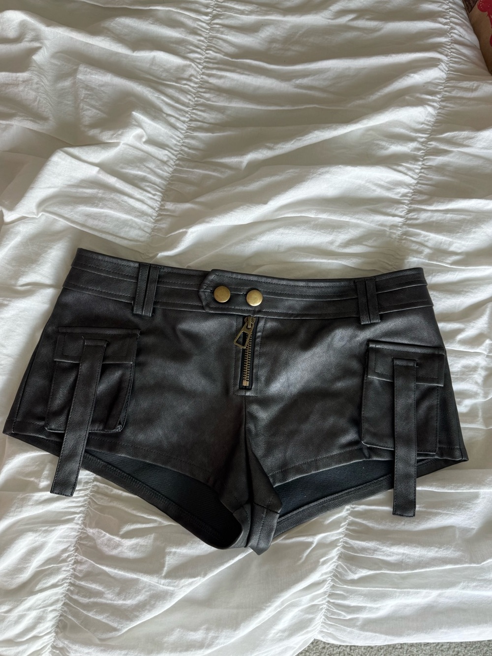 Edikted Black Faux Leather Cargo Mini Shorts with Gold Hardware